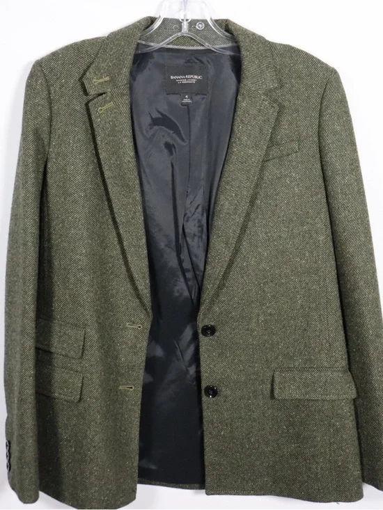 Banana Republic Tweed Blazer Size 4 Green Wool Classic Tailored Jacket - Picture 7 of 11